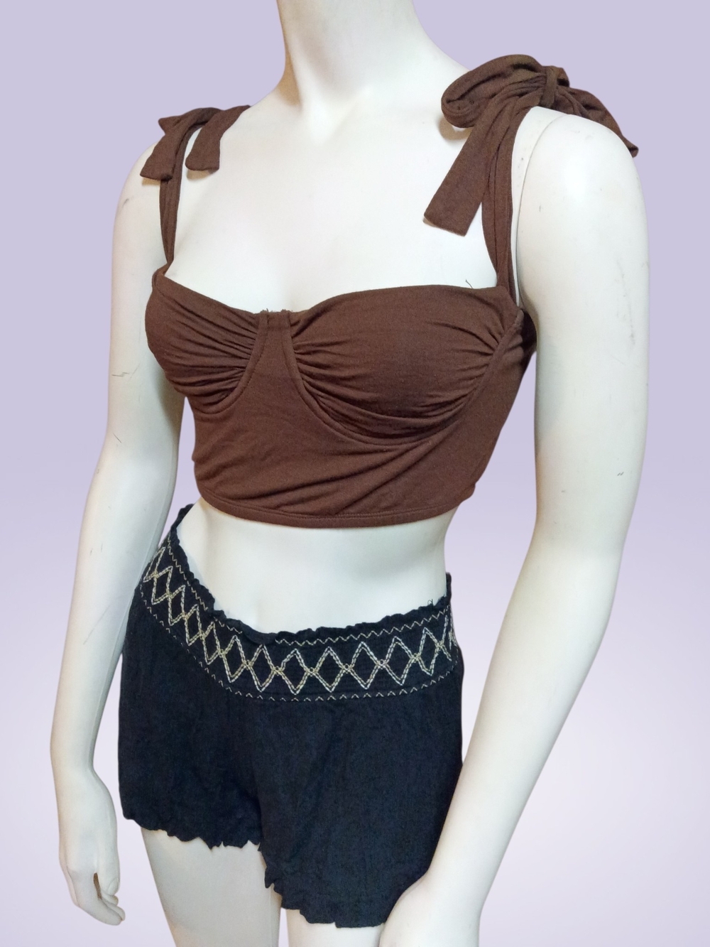 Adika Brown Tie-Shoulder Ruched Crop Top Medium Fits Small Y2k Vibes
